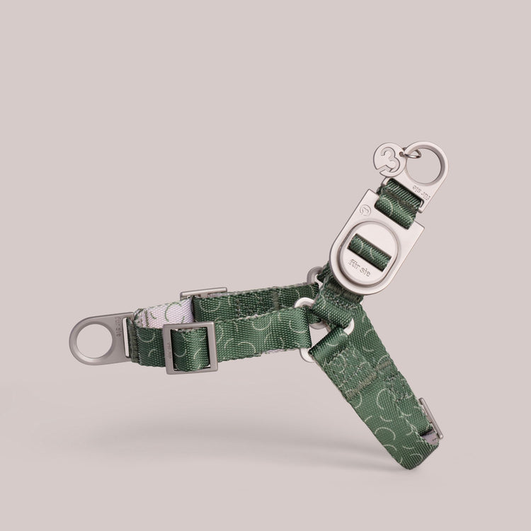Green Fur Sie Sabin anti-pull harness on a light gray background
