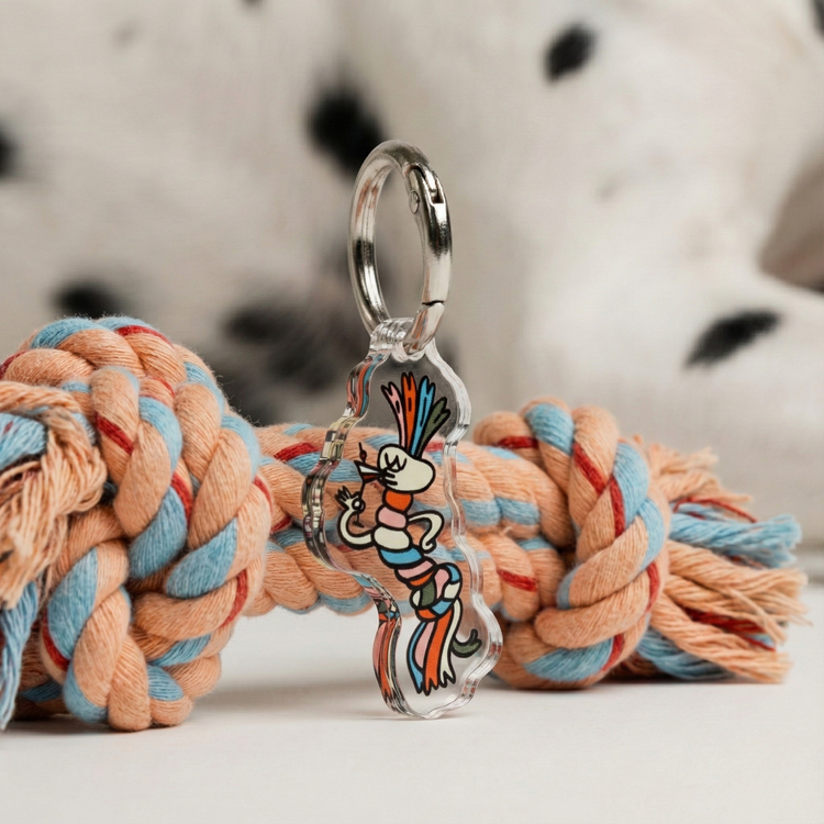The Fineshmaker charm leaning on a colorful rope dog toy