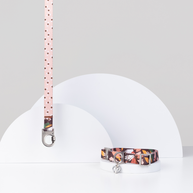 Fur Sie Clemens nature-patterned dog collar & leash set on a light gray background