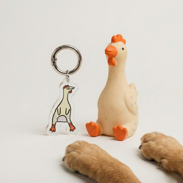 Chicken-shaped dog toy with a Bestie Fur Sie charm on a light gray background.