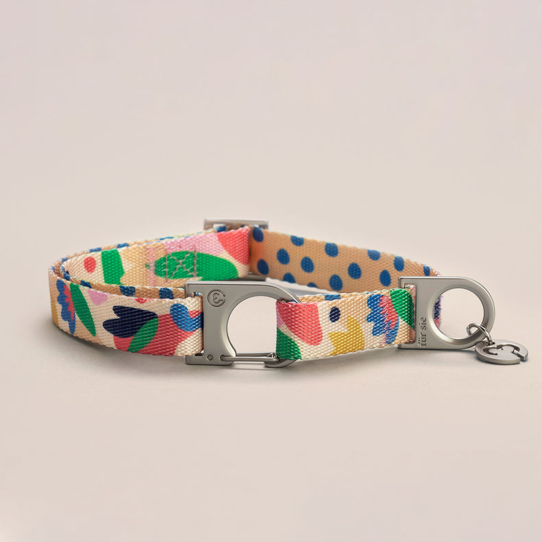 Fur-Sie Gaston double-sided dog collar for small breeds featuring a pink, blue, and green floral and dotted pattern with silver hardware